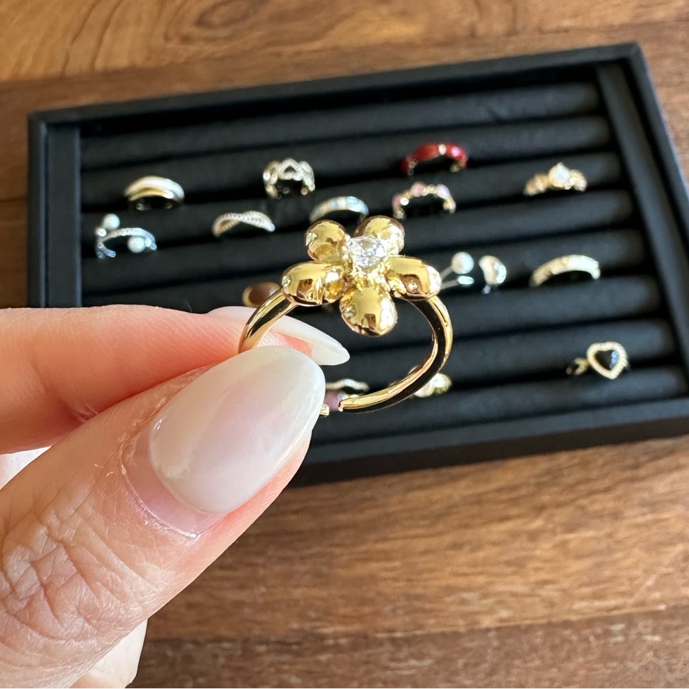 Womenβs Gold-Plated Zircon Flower Open Ring Adjustable Elegant Statement - Picture 3 of 6